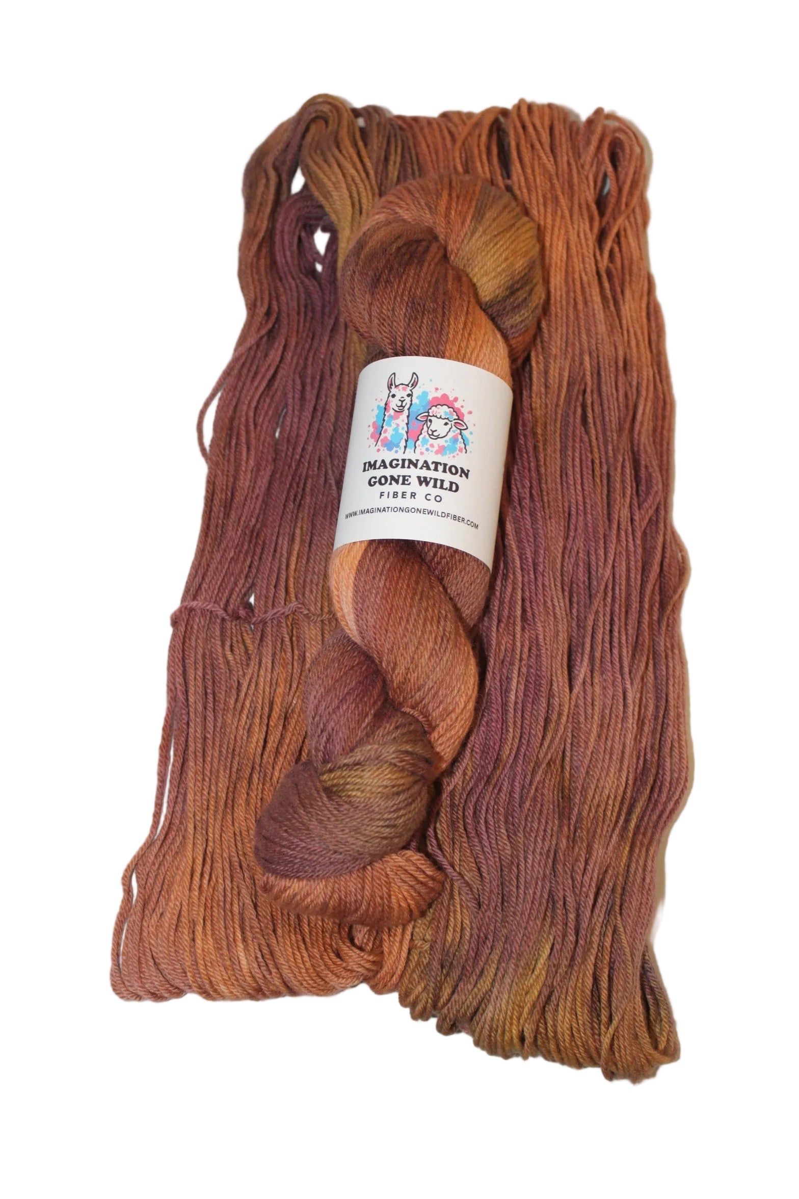 A skein of variegated yarn with a white paper label, laid on top of a larger folded bundle of the same yarn. The yarn shows a warm gradient transitioning from rust orange and terracotta to muted brown and soft tan.