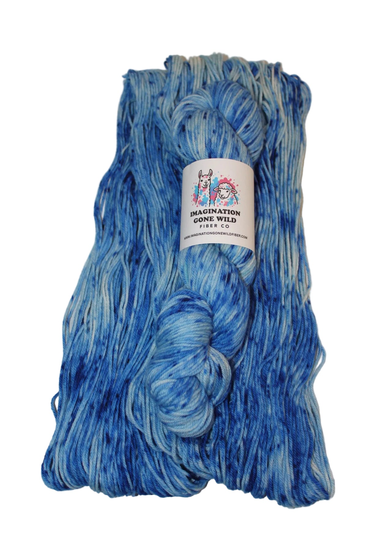 A skein of variegated blue and white yarn with a white paper label, photographed on a plain light background.